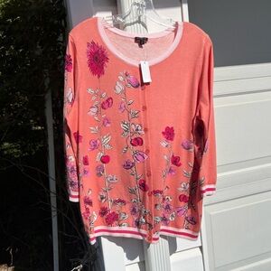 NWT Talbots Pretty Apricot Multicolored Floral 3/4 Sleeve Charming Cardigan